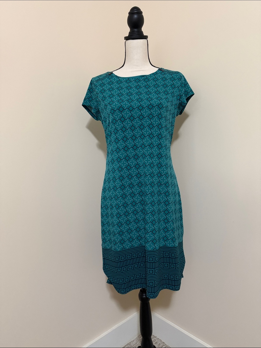 Teal Patterned Cap-Sleeve Dress